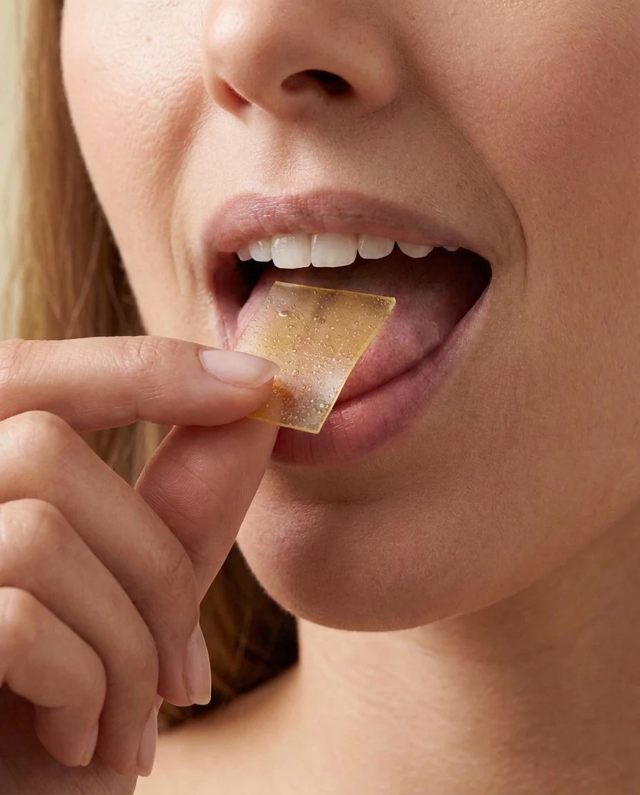 Placing a dissolving strip on the tongue