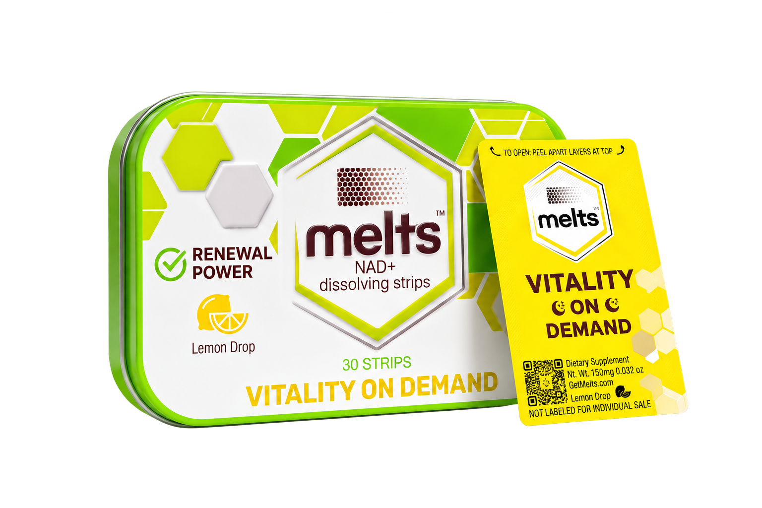 Melts NAD+ Lemon Drop tin and individually wrapped strip